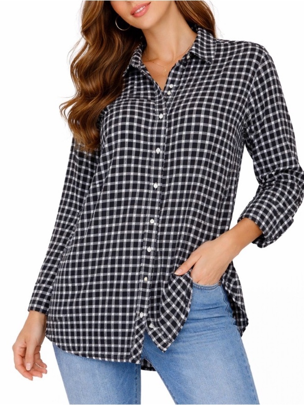 J. Jill Black White Windowpane Plaid Button Back Tunic Top Dark Academia SZ MD